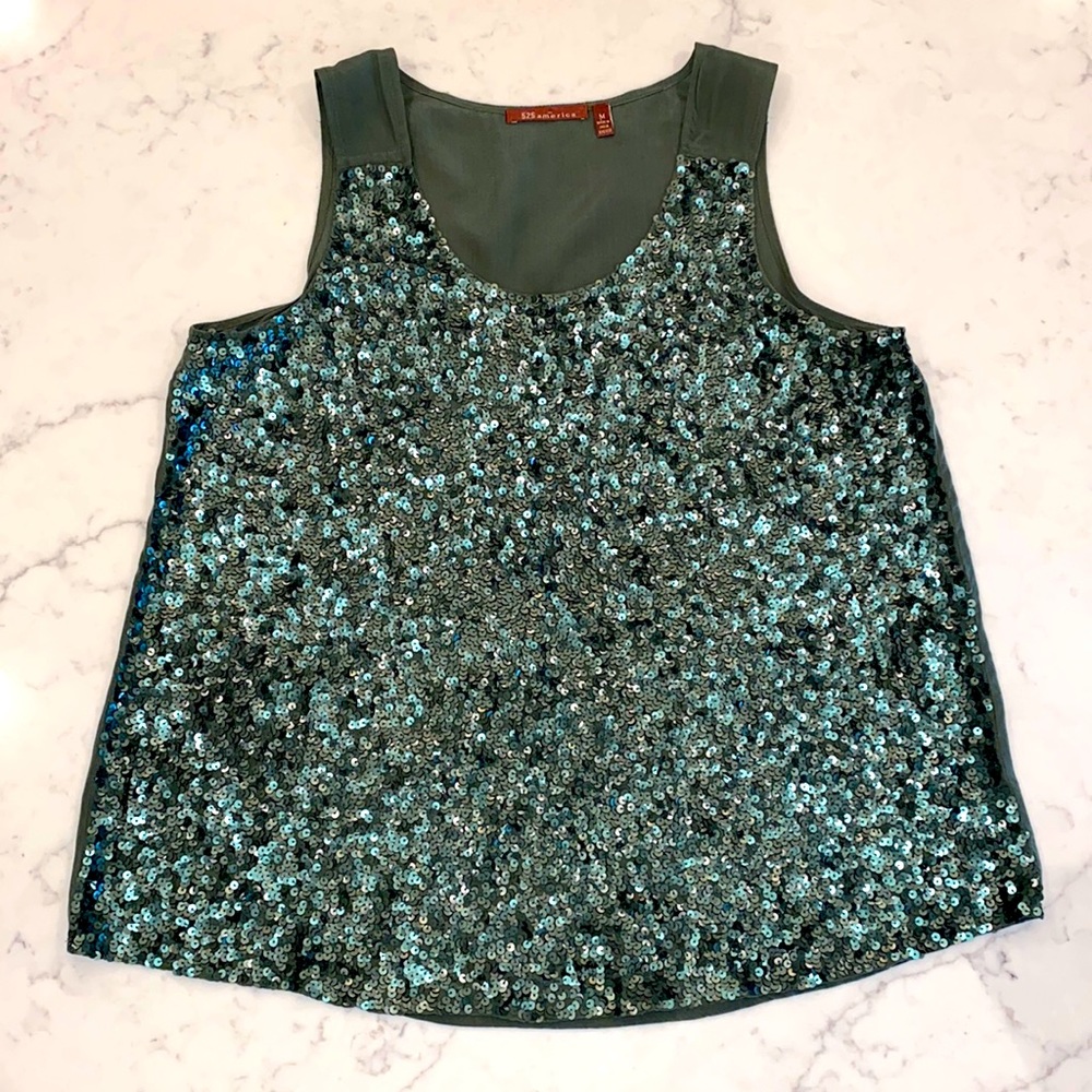 EUC 525 America Hunter Green Sequin Silk Swing Tank Top (M)